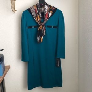 NWT Italian Rinascimento Dolce Vita Dress Petrol Blue w/ Attached Scarf Large